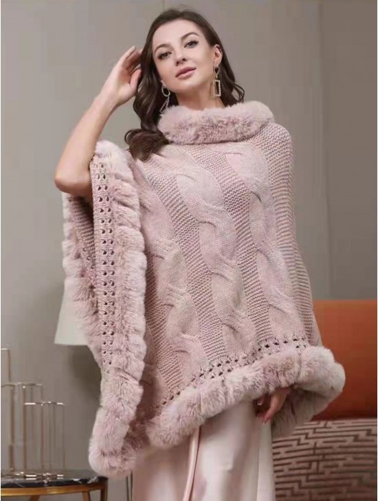 Solid Color Knitted Poncho W/ Fur Collar & Trim